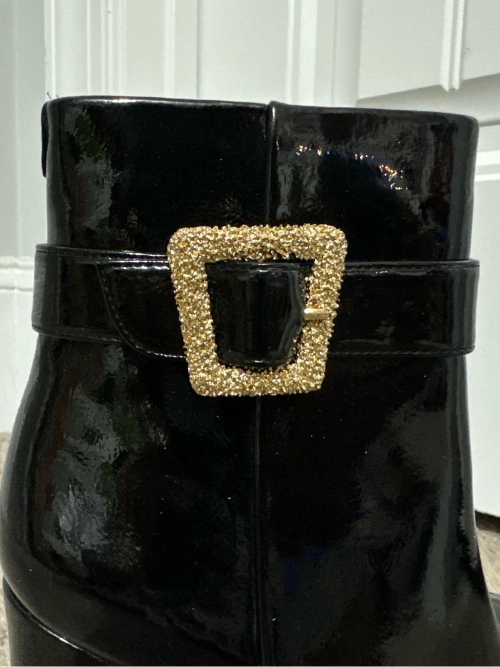 Pretty Sam Edelman size 7 black patent wedge Weslie boots gold buckle new